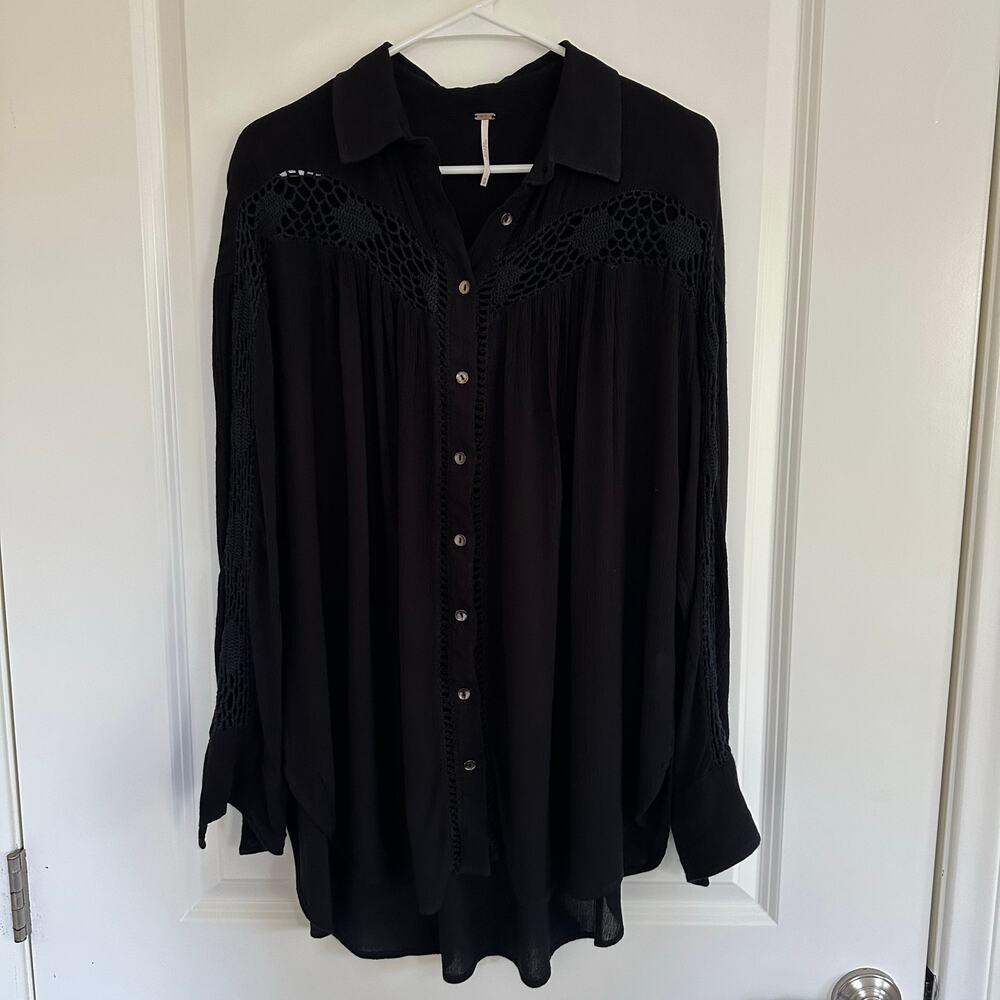 Free People Black Crochet-Trim Button-Up Blouse
